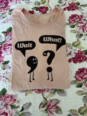 NWOT Pink Graphic Tee with 'Wait/What?' Punctuation Characters